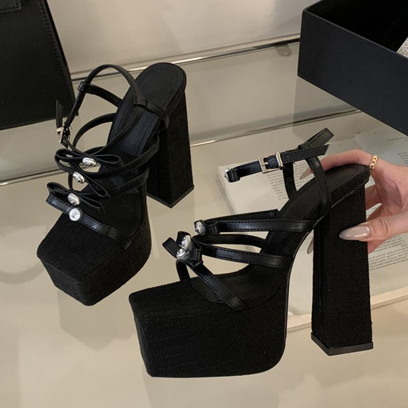 Liyke Модный дизайн Женские босоножки на платформе с кристаллами и металлическим бантом из дерева с толстой подошвой и квадратным носком на очень высоком каблуке Туфли для выпускного вечера