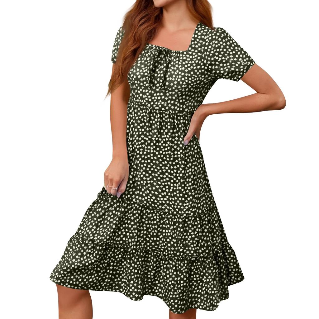 Womens Square Neck Tiered Summer Dresses Casual Floral Short Sleeved A-line Swing Flowy Dress Beach Boho Sundress