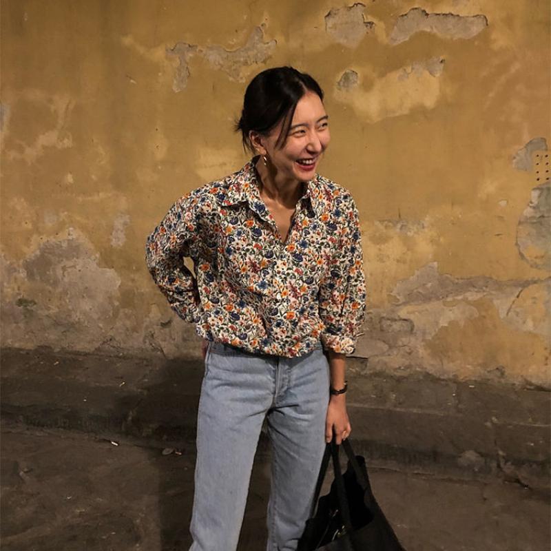 French Niche Retro Printed Floral Shirt Loose Small and Fresh Pastoral Style Shirt for Women with A Retro Hong Kong Flavor for Layering Wear
