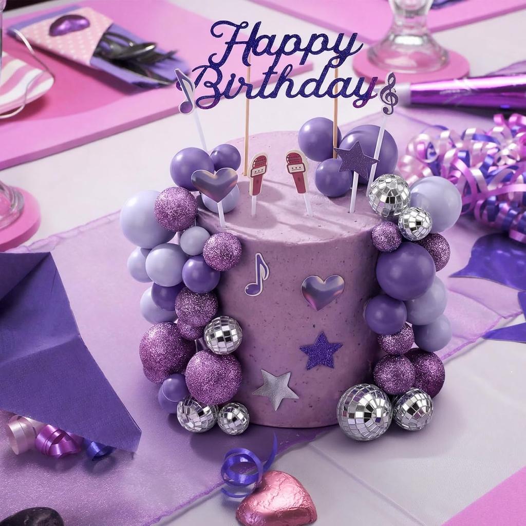 Complete K-Pop Party Cake Topper: Purple Disco Balls Mic Hearts “Happy Birthday” – Music Theme Decor 5