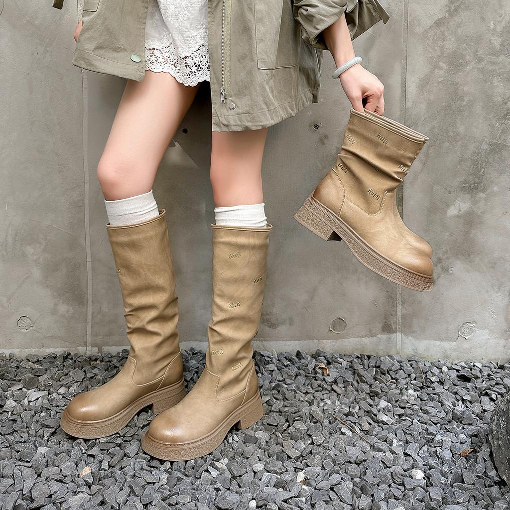 Cowhide New Letter Leather Boots Women's Cigarette Boots Foreign Style Thin Short Boots Women's Small Thick-soled Martin Boots