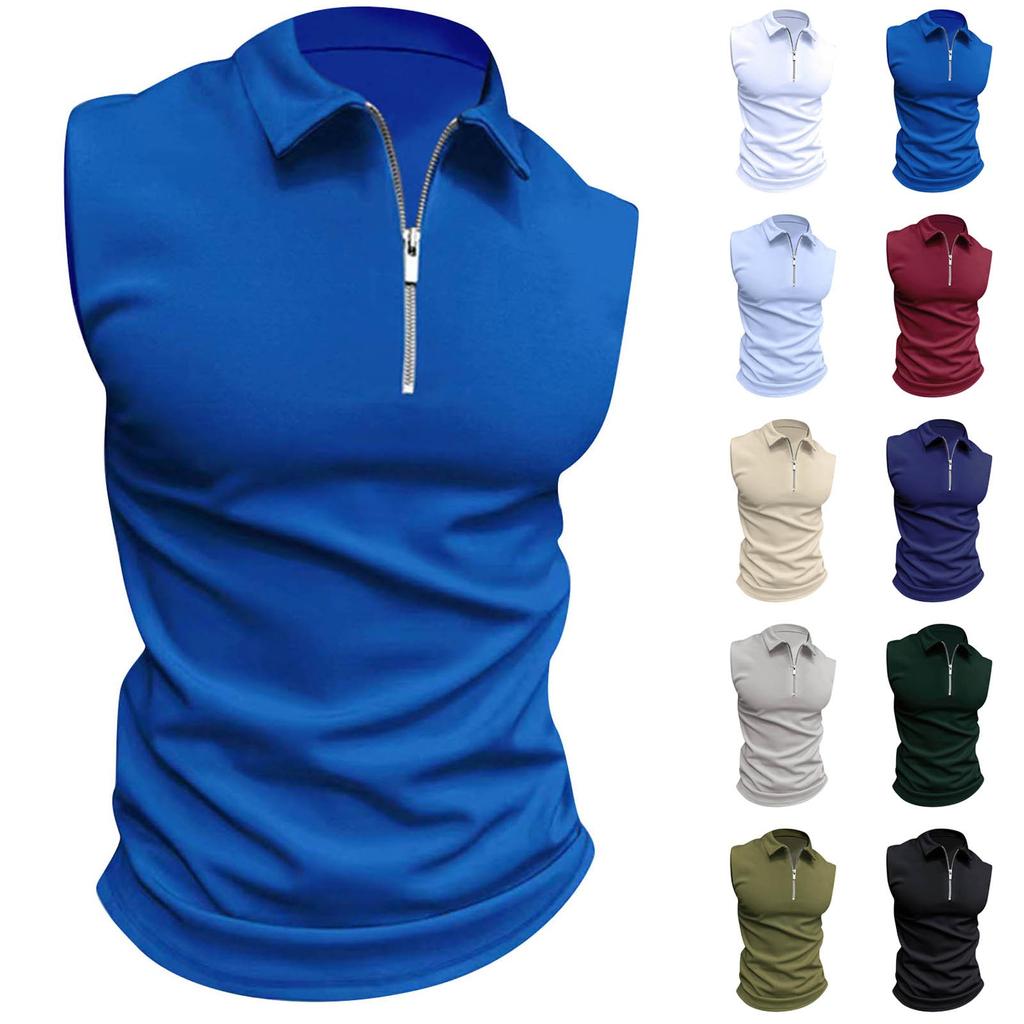 Men Lapel Summer Tank Top Zipper Lapel Solid Color Casual Sleeveless Tank Top T-Shirt