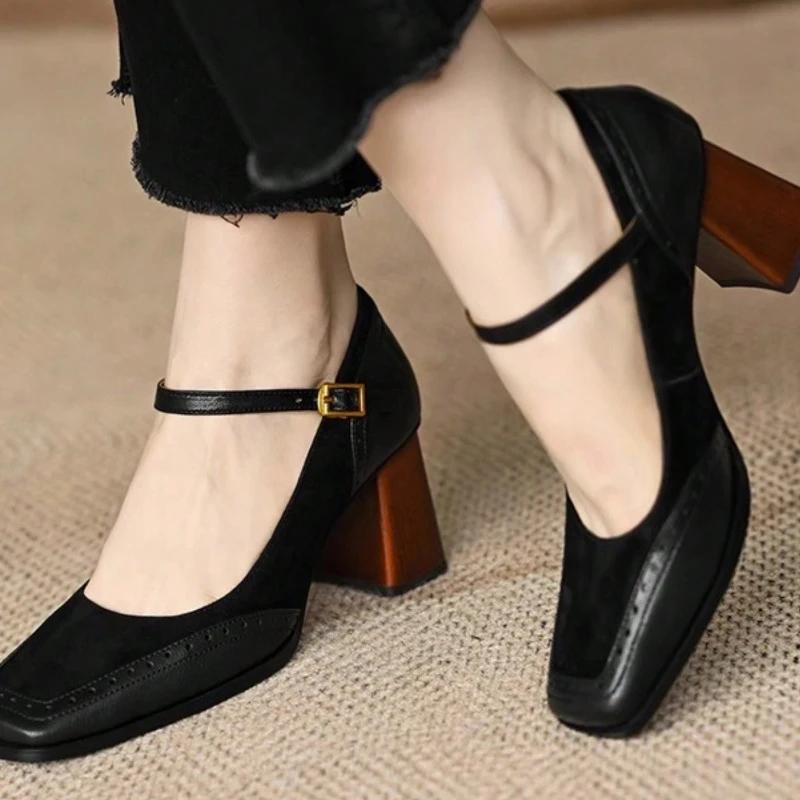 Fashion French Style Women Black Square Toe Chunky Heel Buckle Slip On Pumps Thick Sole Vintage Sandals