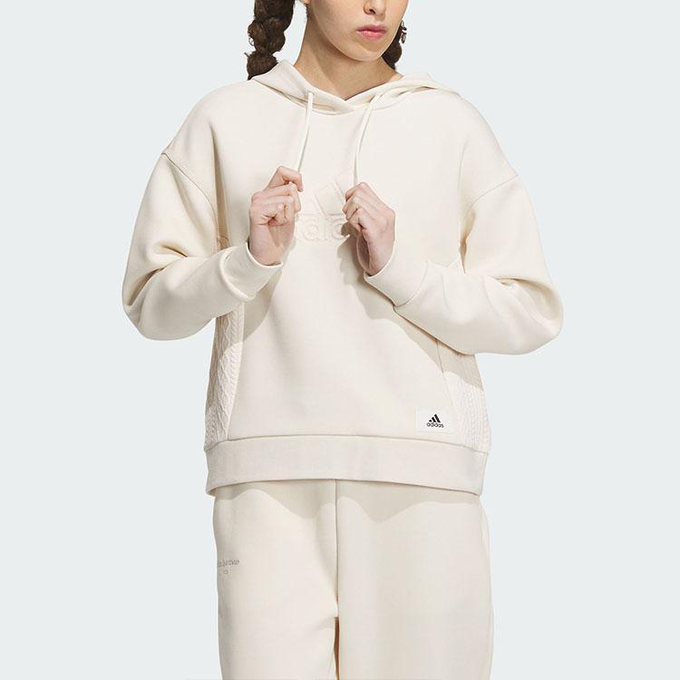 Adidas Lounge Hooded Sweatshirt Pure Color Sport Casual Pullover Women Tops Wonder-White IP0756