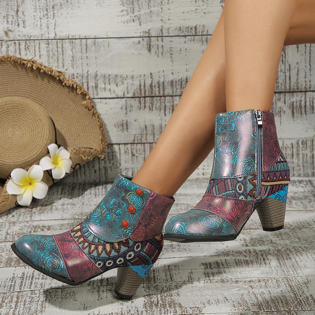Мода 2025 Новые женские сапоги Этнический стиль Повседневная мода Короткие сапоги на высоком каблуке Женские Ретро Большой размер Все сочетающиеся Модная обувь Женская
