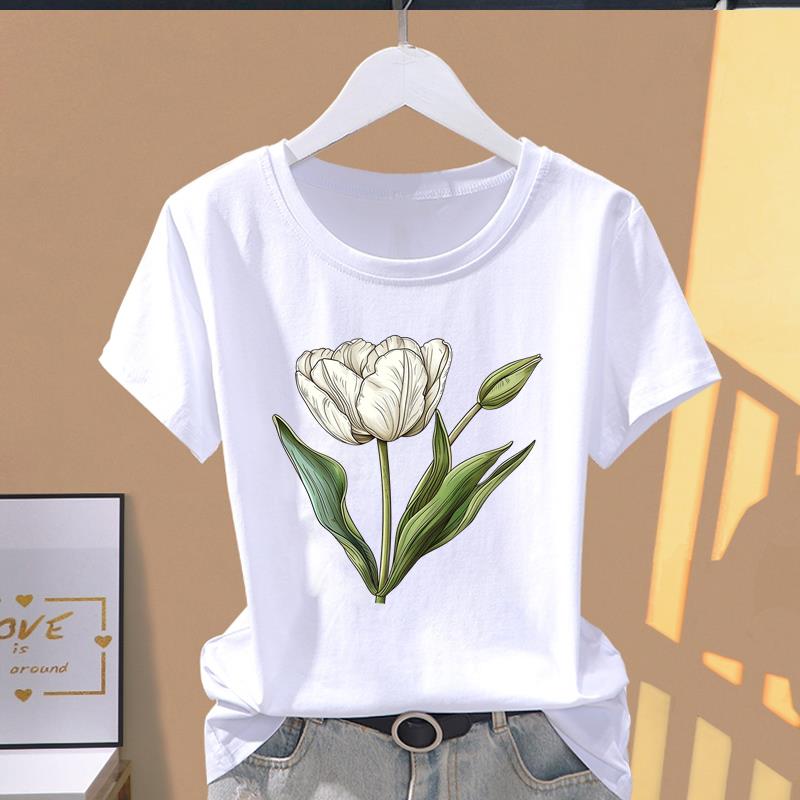 (Osiyo o'lchami) Qisqa yengli futbolkalar trend T yoqimli gul naqshli gul Kiyim Moda Print Ayollar Kundalik Ayollar Top Grafik Futbolka