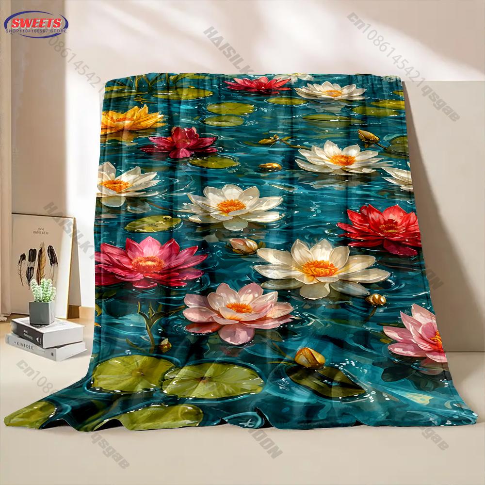 1PC Lotus Leaf Pattern Print Blanket Warm Soft and Comfortable Home Travel Blanket Sofa Bedding Cover Blankets Gift for Friends