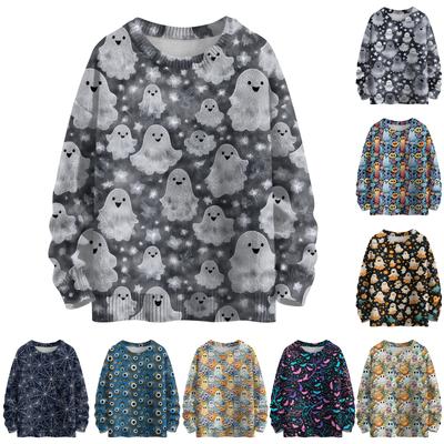 Женский модный повседневный трикотажный пуловер с длинным рукавом и круглым вырезом с принтом на Хэллоуин