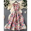 Fancy Sleeveless Vest Dress Women's Fashion Elegant Retro Fitted Waist Pleated Swing Puffy Print Dress Skirt