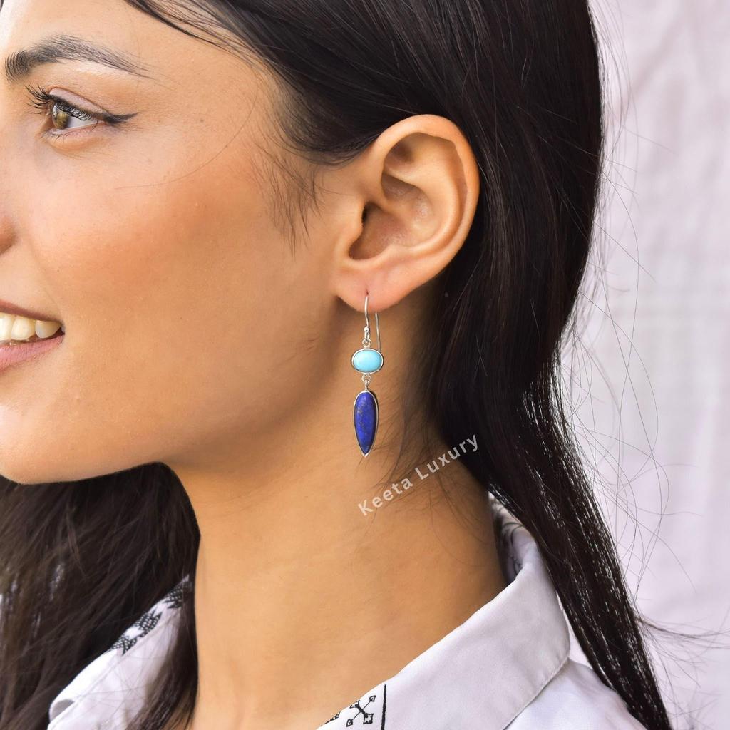 Natural Turquoise And Lapis lazuli dangle earrings Sterling silver handmade cocktail earrings Two stone jewelry, gift for her