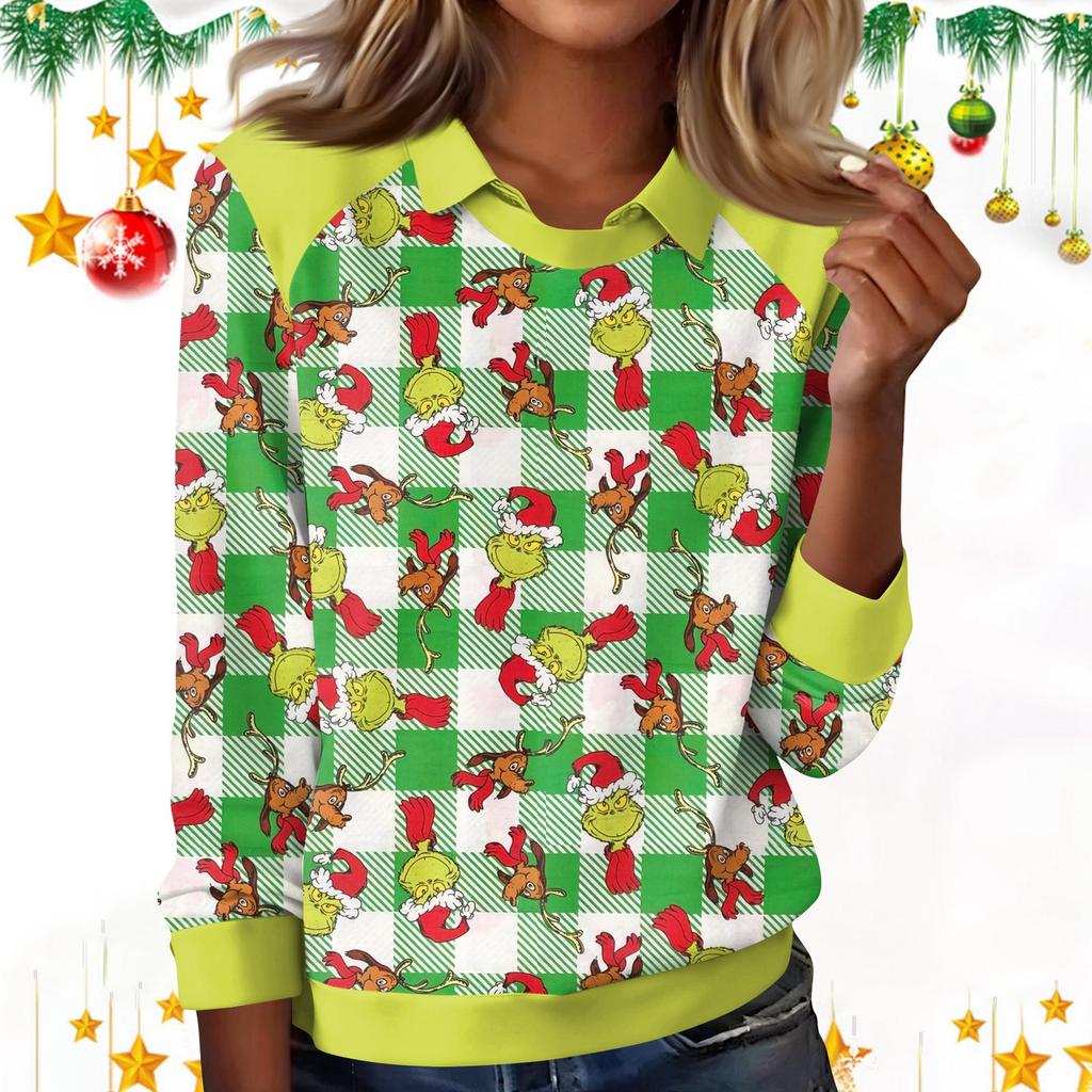 Women's Fashion Christmas Print Lapel Long Sleeve Casual Crewneck T-Shirt Top