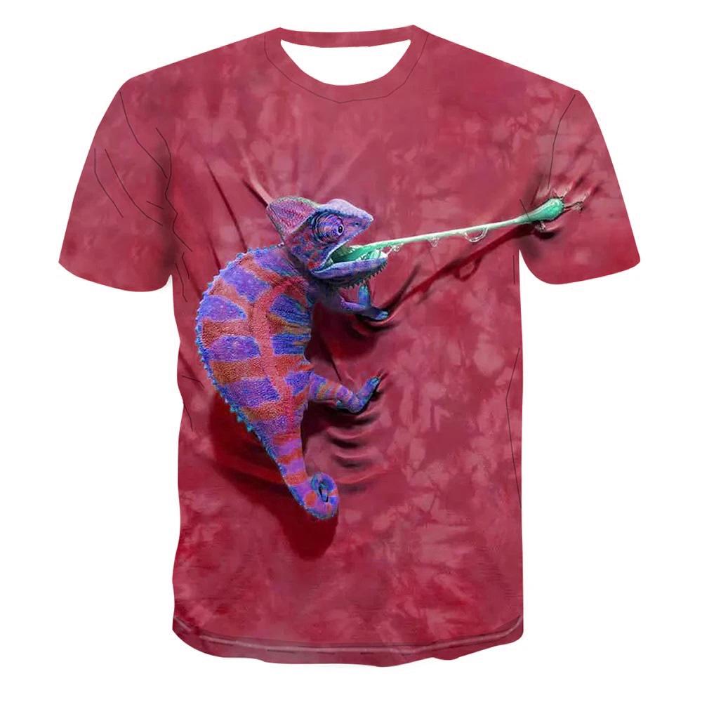 Летняя футболка с круглым вырезом и принтом хамелеона, 3D-печать в виде ящерицы, летние мужские и женские универсальные футболки с короткими рукавами для мальчиков и девочек
