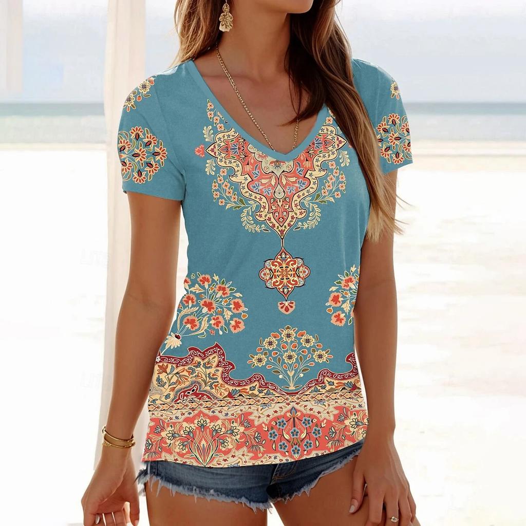 Summer V-neck 3D Floral Printed Top Fashionable Casual Short Sleeved Women's T-shirts
