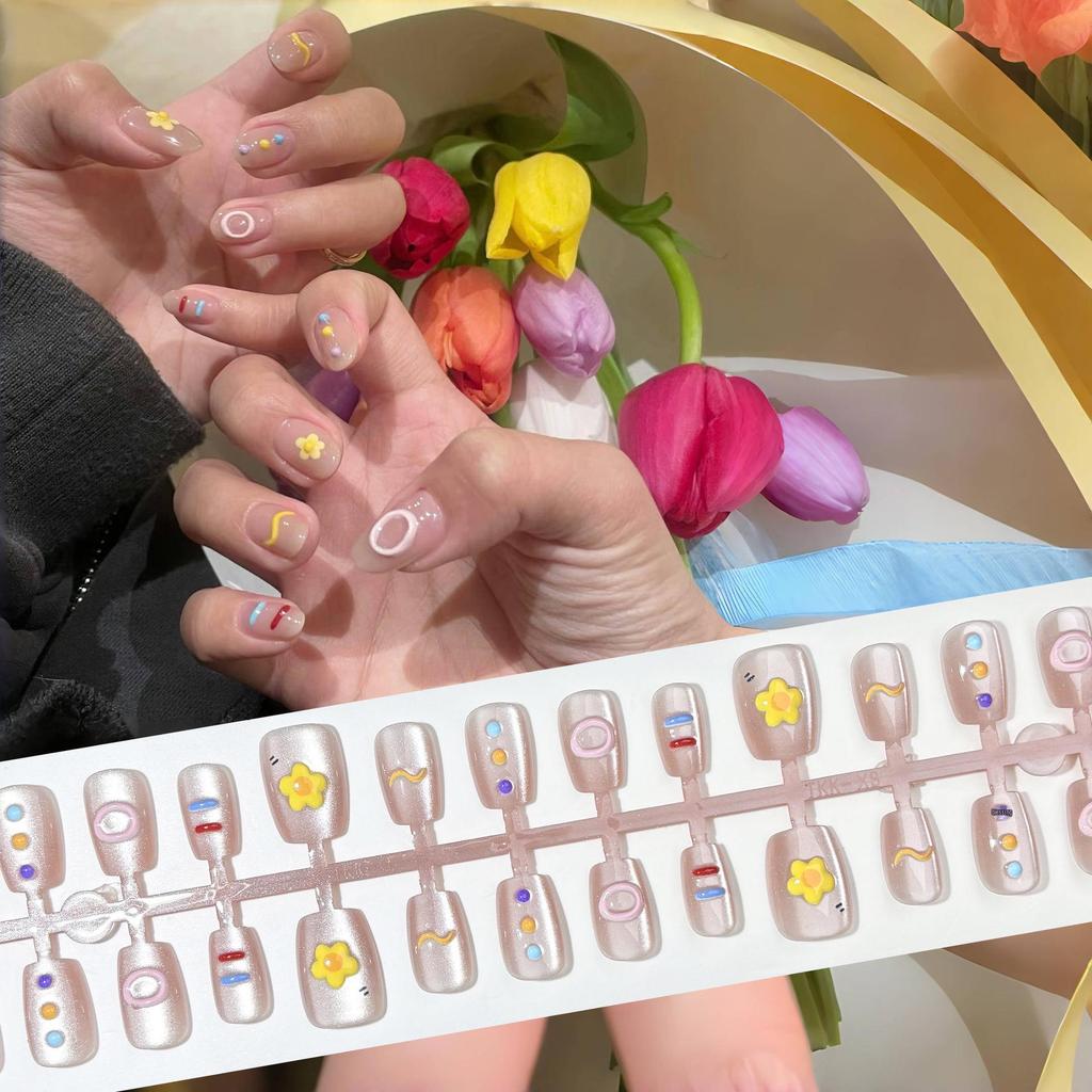 Spring/Summer Dopamine Style 3D Floral Press-On Nails - Cute Xiaohongshu Design