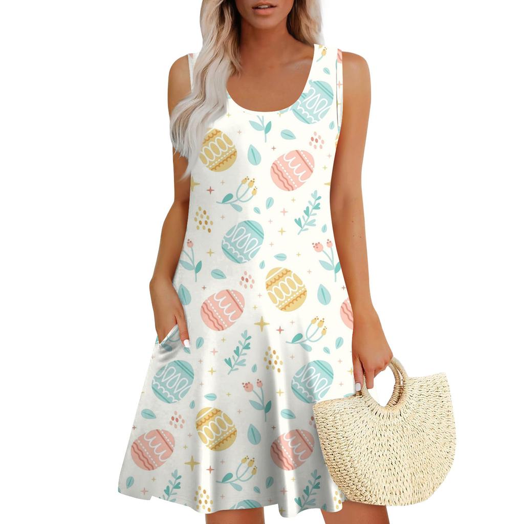 Womens Summer Dresses Easter Print Loose U Neck Sleeveless Sundresses Dress With Pockets