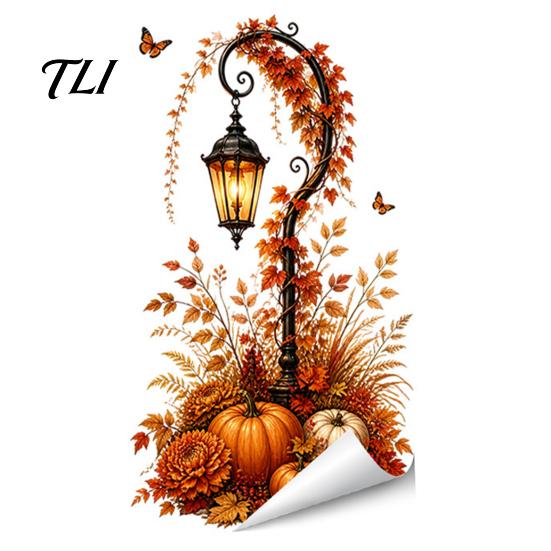 Thanksgiving Window Clings Autumn Pumpkin Street Lamp & Maple Leaves Wall Sticker, Waterproof PVC Fall Harvest Creative Theme Accents Decal,