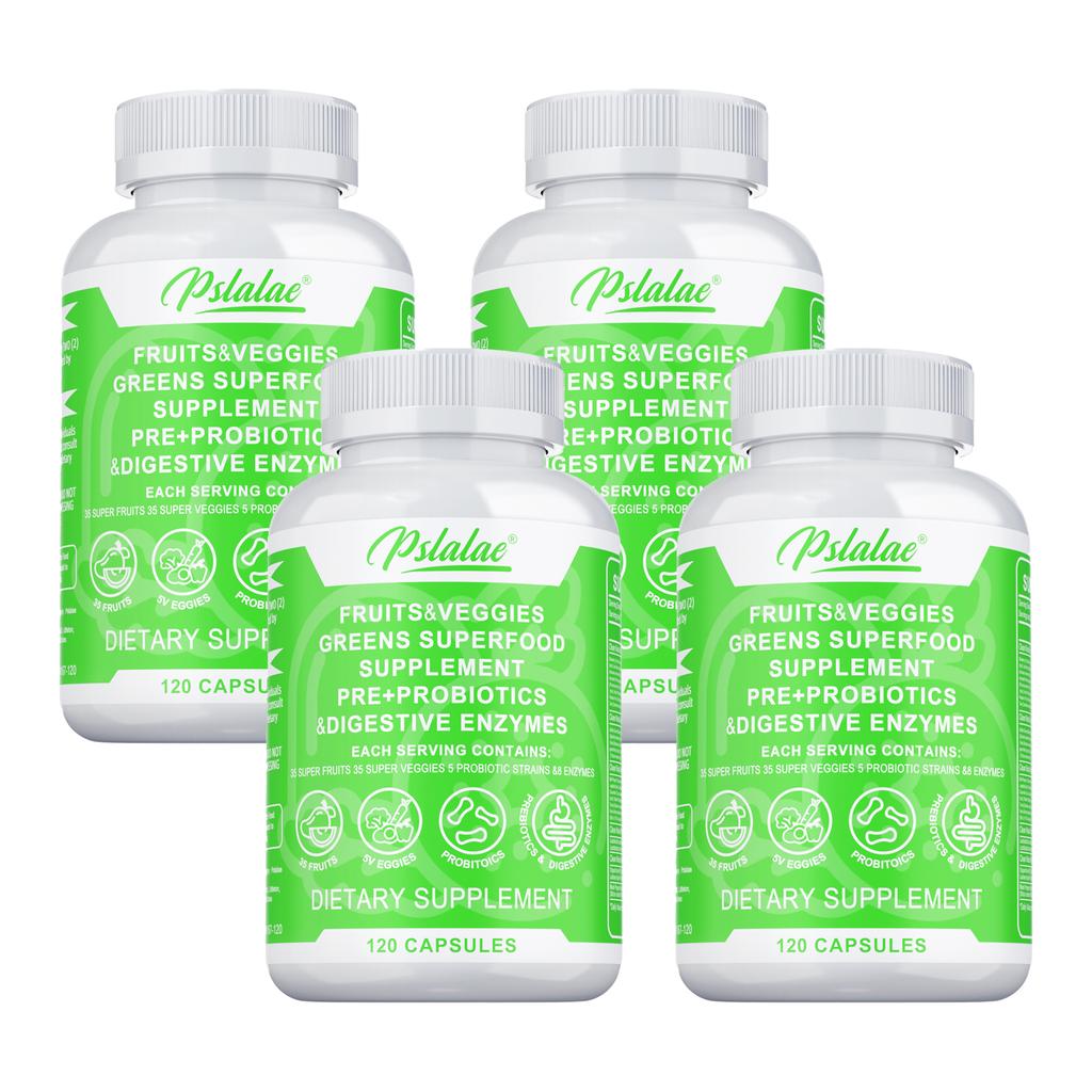 Natural fruit and vegetable blend capsules; supports gut health, aids digestion, boosts immunity; suitable for adults.