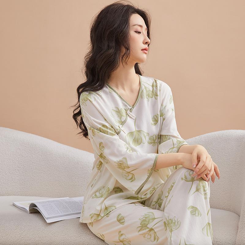 Classical national style new Chinese pajamas women's spring, summer and autumn new cotton silk disc buckle sweet loungewear hanfu two-piece set