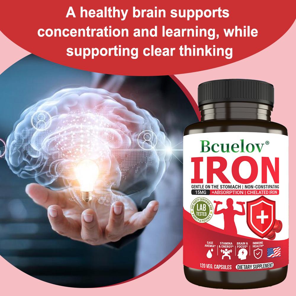 Chelated Iron 15mg Capsules Non Constipating Gentle Supplement Vegan 120 Count