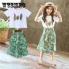 Летние модные костюмы для девочек, детская одежда для больших детей, широкие брюки в западном стиле, костюм-двойка с принтом
