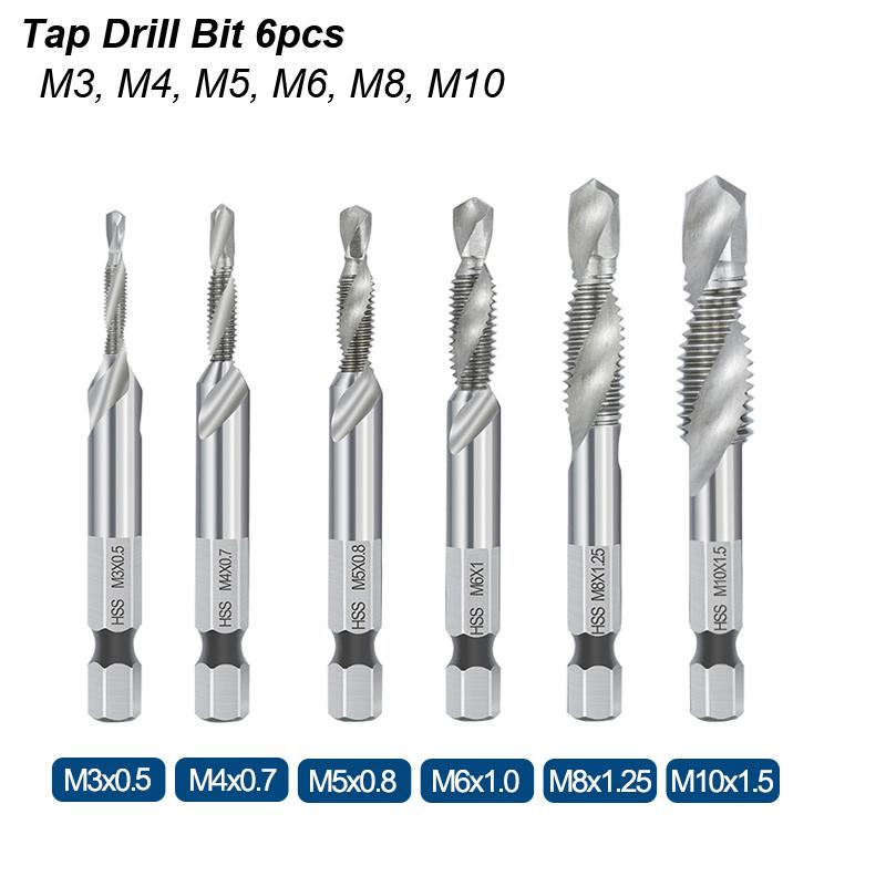 Tap Drill Bit Set Screw Thread Titanium Plated Hex Shank HSS Spiral Flute Compound Combination M3 M4 M5 M6 M8 M10 For Wood Metal