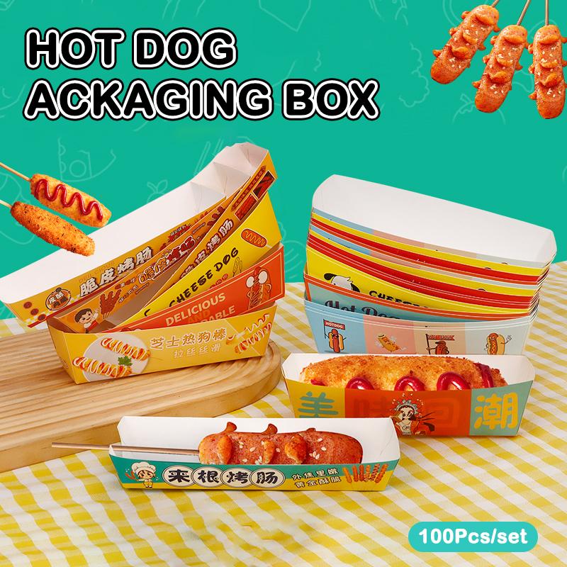 100 шт. Коробка для упаковки хот-догов без складывания Бумажная Одноразовая Посуда для вечеринок Поднос для подачи еды Для кейтеринга Упаковочные коробки