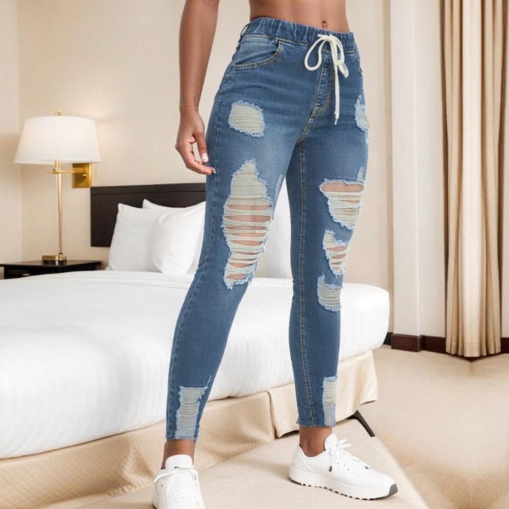 Women's Skinny Ripped Trendy Jeans Distressed Stretchy Denim Pants Elastic Waist Drawstring Denim Trousers
