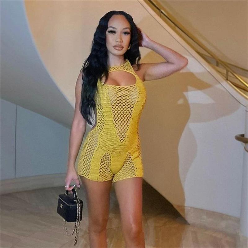Summer Women's Jumpsuit Sexy Hollow Out Package Hip Low Neck Tight Knit High Waist Casual One-piece Shorts