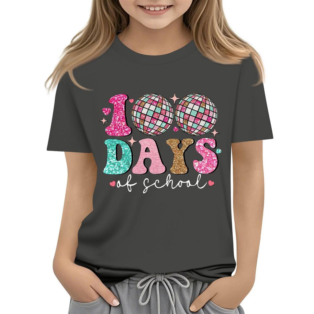 Happy 100th Day Of School Girls Boys Short Sleeve T Shirts Kids Tops Crewneck Tees