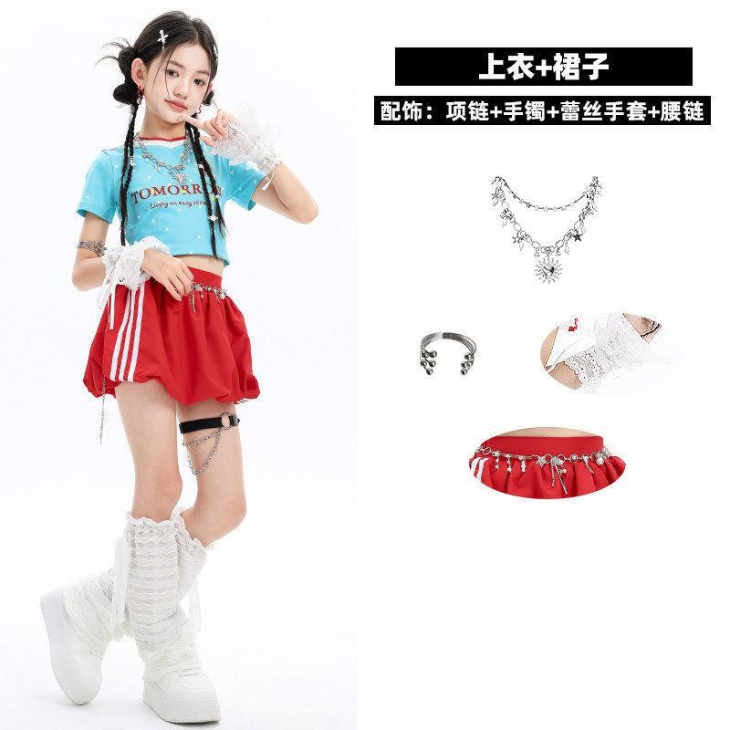 Girls Jazz Dance Costume Kids Hip Hop Stage Performance Outfit Short Sleeve Crop Top Skirt Set