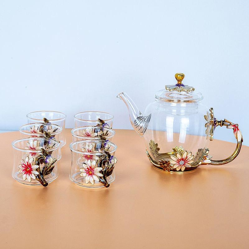 Простая современная утолщенная термостойкая стеклянная маленькая чайная кружка с фильтром, заварочный чайник, чайный набор, включающий 1 горшок и 6 чашек цветочного чайника