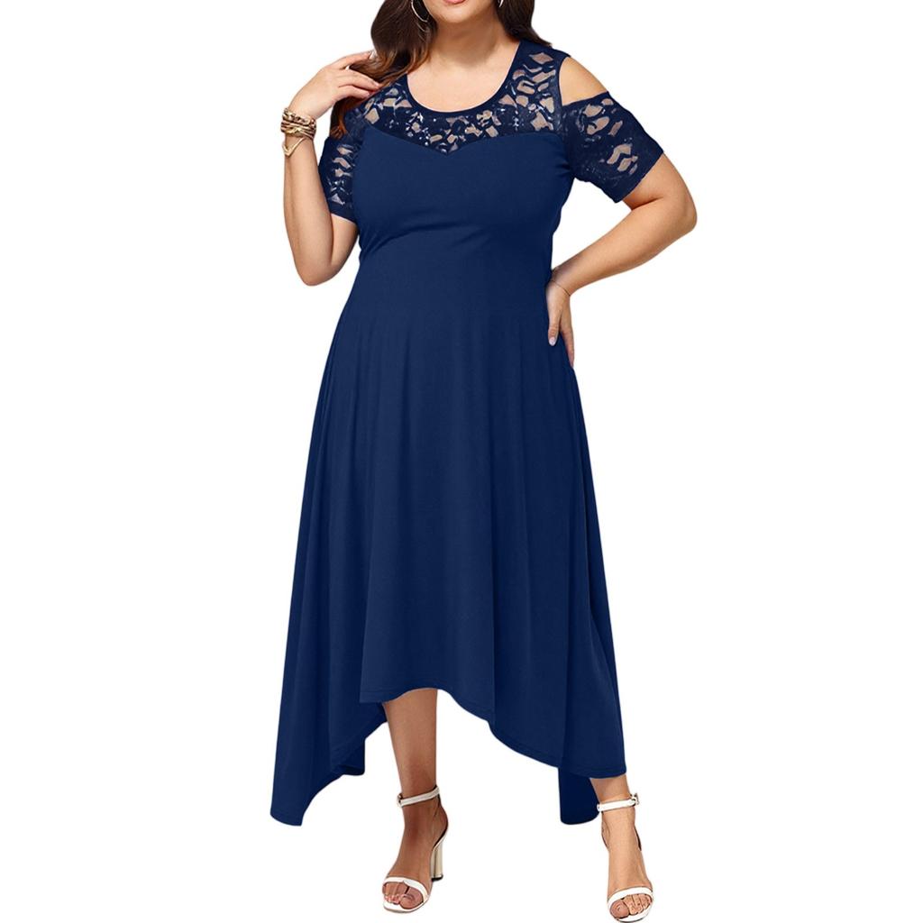 Женское летнее платье с открытыми плечами, кружевной отделкой, элегантное, оверсайз, однотонное