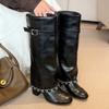 Cowhide Edition Chain Coarse Heel Pants Boots Women's Tall Knight Boots Skinny Boots Wrinkled Boots Straight Boots