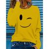 Ladies' Casual Long Sleeved Round Neck Printed T-shirt - Playful and Joyful Face Design
