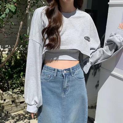 Толстовки женские асимметричные с длинным рукавом топ из 2 частей повседневные однотонные свободные ленивые толстовки