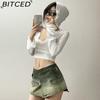 BITCED Spring Women's Solid-Color Slim-Fit Crop Top Fashion V-Neck Hooded Long-Sleeve Sun Protection Shirt