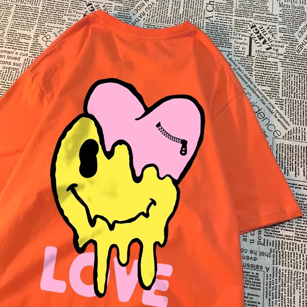 Футболки с надписью «Счастливое лицо и больное сердце», дышащая футболка с круглым вырезом для пары, свободная одежда, летние футболки больших размеров, хлопковая футболка