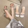 High Heels Women's Summer 2025 New Transparent Thick Heel Square Head Rhinestone Sandals Crystal Heel Versatile Outer Slippers