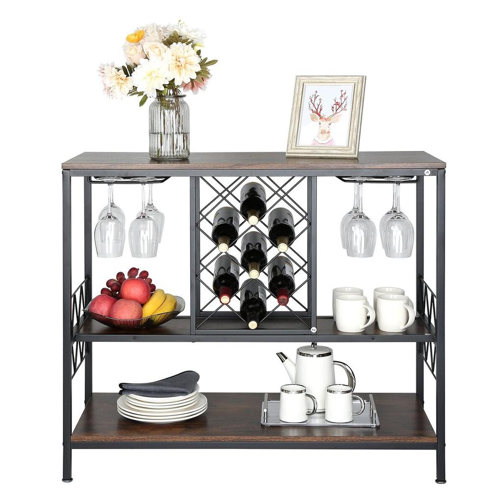 40 Inch Industrial Bar Cabinet, Wine Table for Liquor and Glasses, Sideboard Buffet Cabinet with Glass Holder & Wine Rack, Freestanding Farmhouse Wood