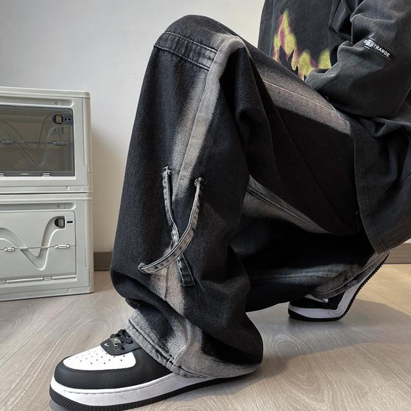 Джинсы с широкими штанинами в американском стиле с градиентом, мужская одежда, джинсовые брюки, стильные, с перекрестными вставками, винтажный, молодежный стиль, свободные брюки