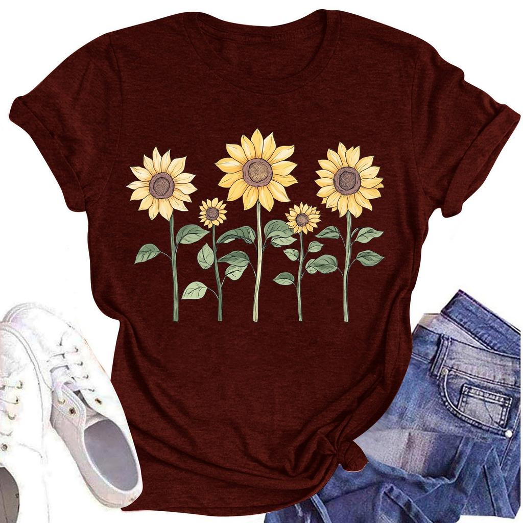 Женская повседневная футболка с круглым вырезом и цветочным принтом, короткий рукав