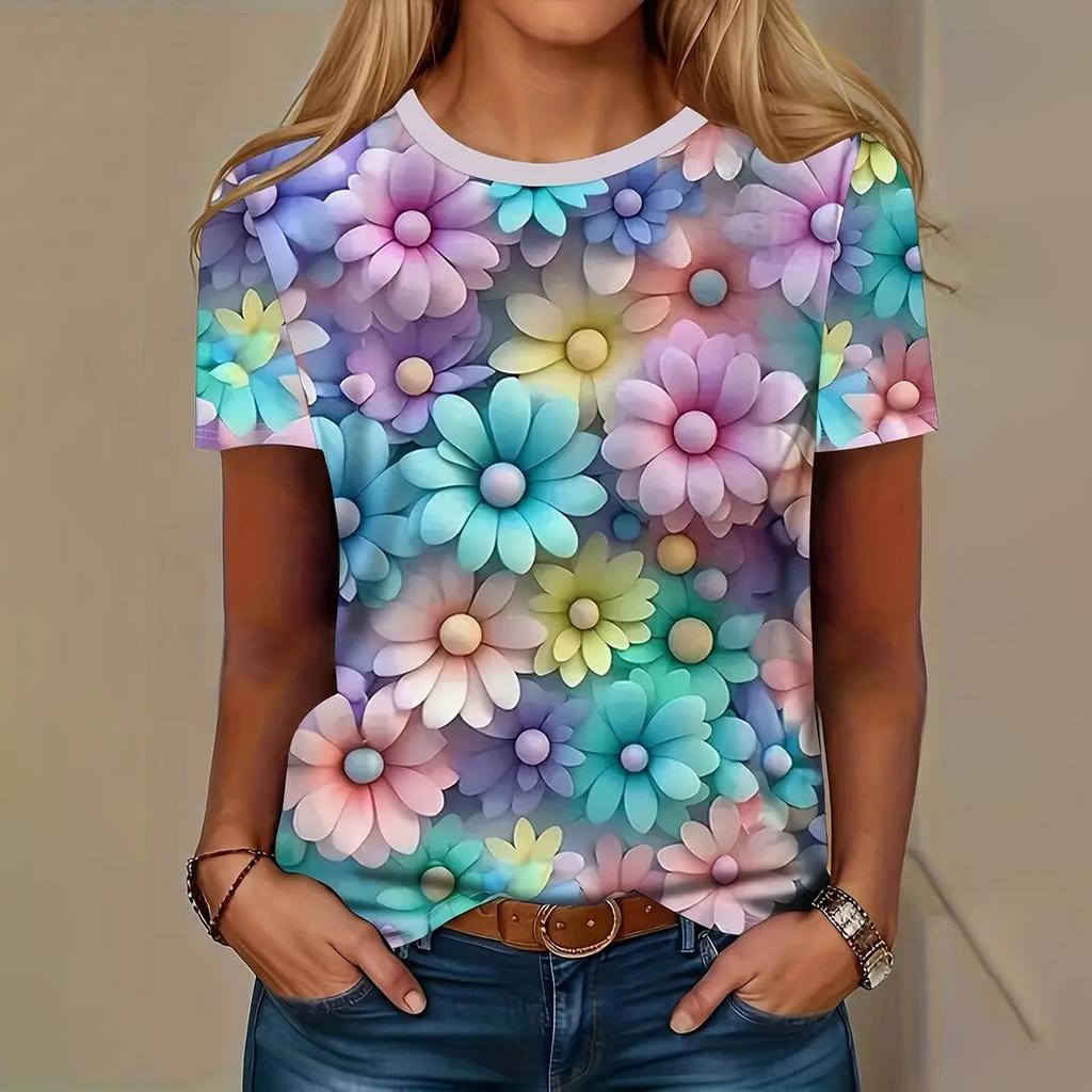 Летняя женская футболка с цветочным принтом, повседневная, с коротким рукавом, с круглым вырезом, футболки, уличная мода, топы, одежда для активного отдыха