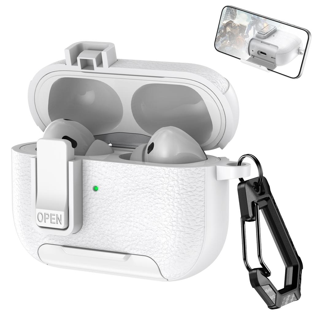 For Apple AirPods Pro Protective Case with Stand Litchi Texture Leather TPU + PC Earphone Cover with Lock Buckle and Carabiner