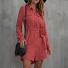 Early Autumn Lapel Collar Long Sleeve Single Breasted Lace Up Solid Color Dress