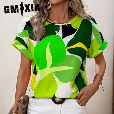 Женский летний модный принт, разноцветный U-образный вырез, короткие рукава, женский топ