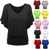 Fashion Women Plus Size Solid V-Neck Batwing Sleeve Fold Hem Loose Top T-shirt
