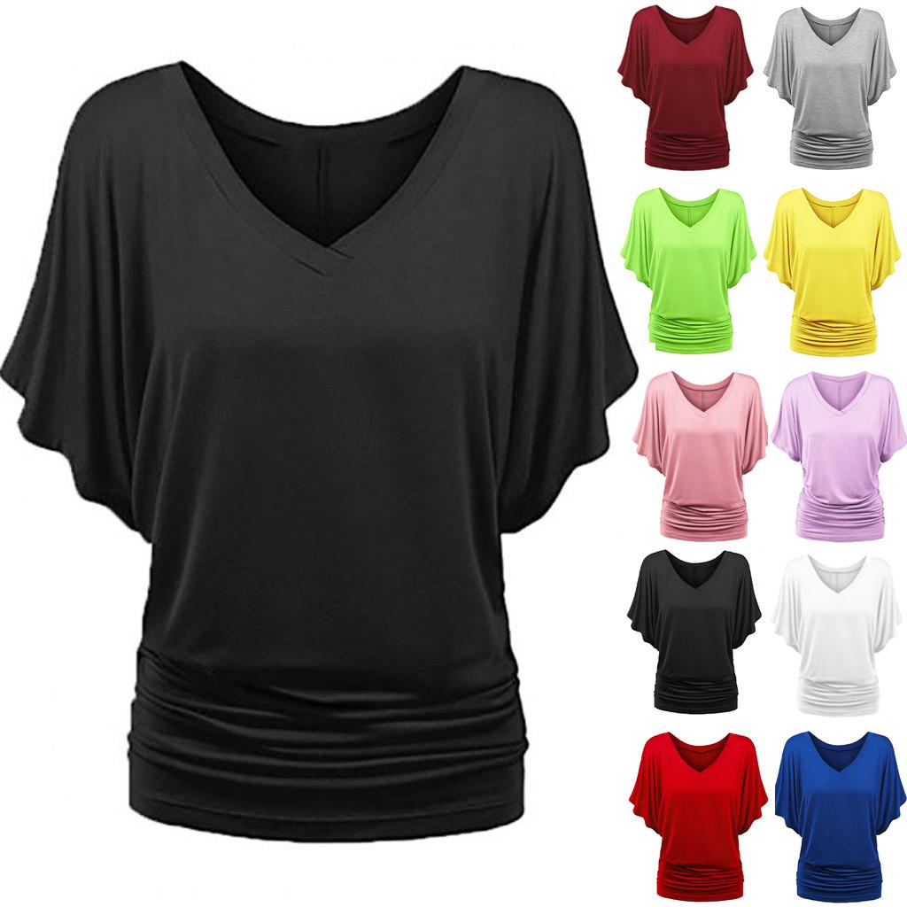 Модные женские блузки больших размеров, однотонные, с V-образным вырезом, рукавом «летучая мышь», с отворотом, свободным верхом, футболка