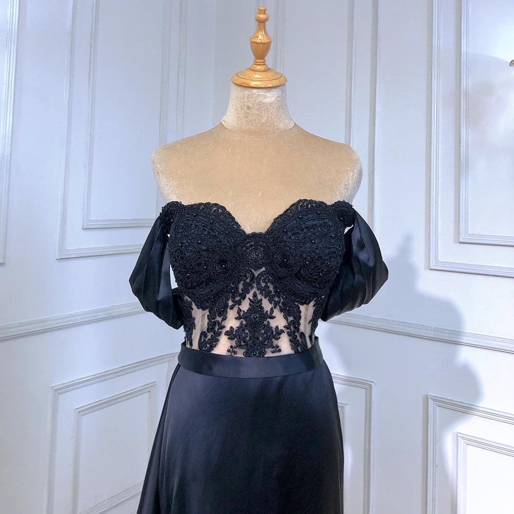 Serene hill black sexy one-word shoulder beaded fishtail skirt banquet host evening dress LA11111