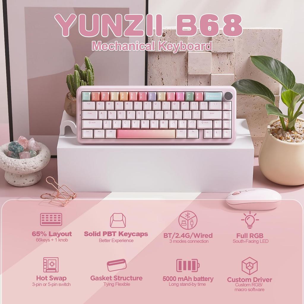 YUNZII B68 65% Wireless Mechanical Gaming Keyboard, BT5.02.4GHzWired, Hot-Swappable, Gasket Keyboard, RGB Backlight for WindowsMac, Technical
