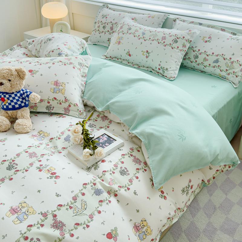 Sleeping grid warm yang velvet soft and comfortable thick brushed print four piece set